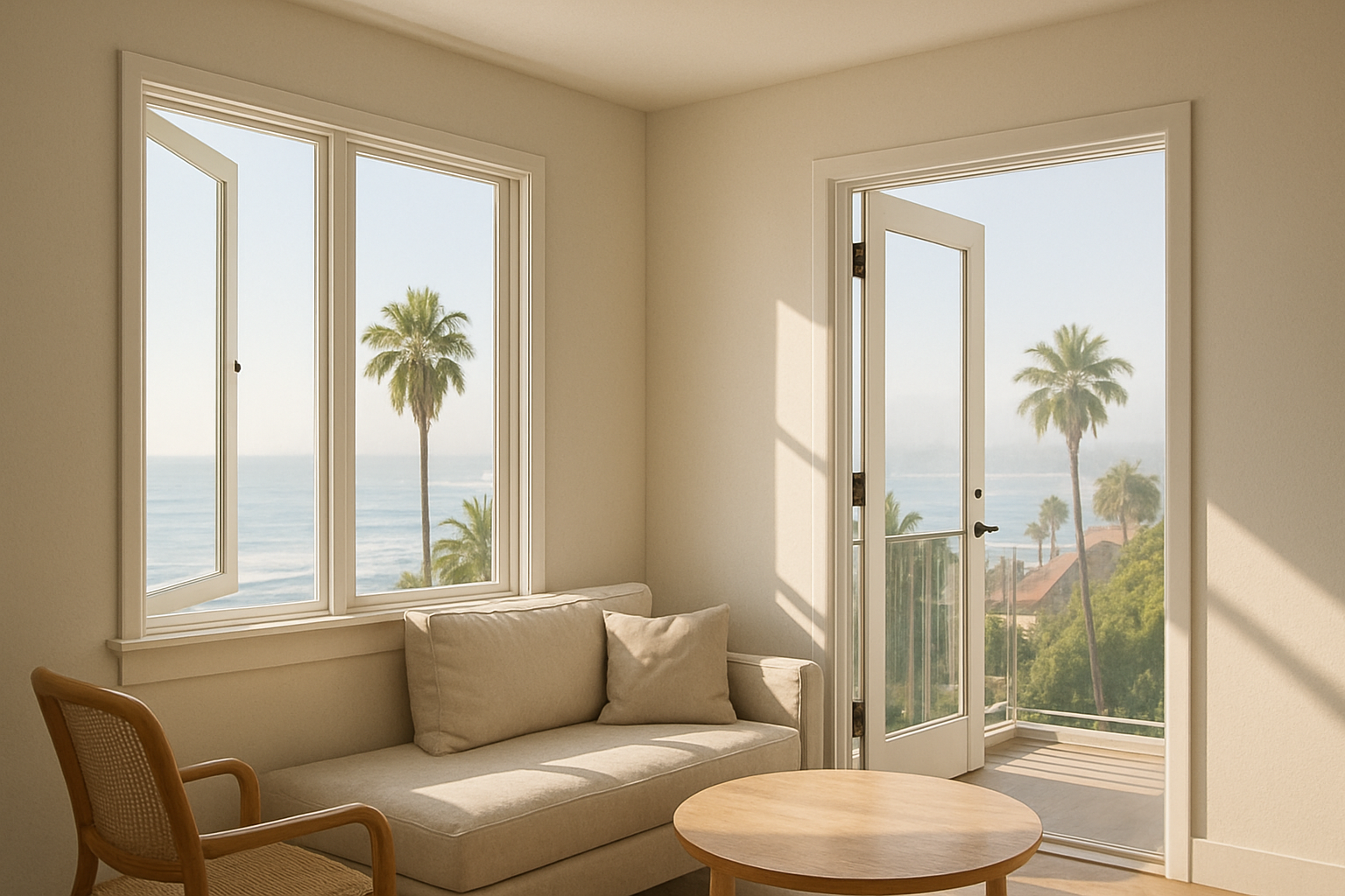 A bright September morning in Encinitas, California showing a coastal home interior with open windows, soft ocean light, clean white drywall walls, and a glimpse of palm trees and marine layer outside