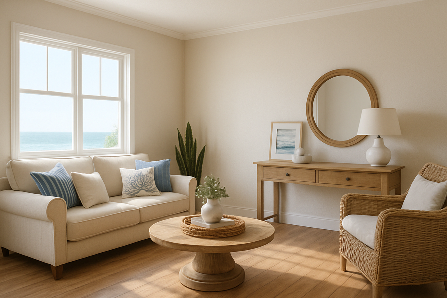 A clean finished living room wall in a coastal Encinitas home after professional drywall repair, with smooth matched texture, fresh neutral paint, natural sunlight, wood floors, and ocean-inspired decor