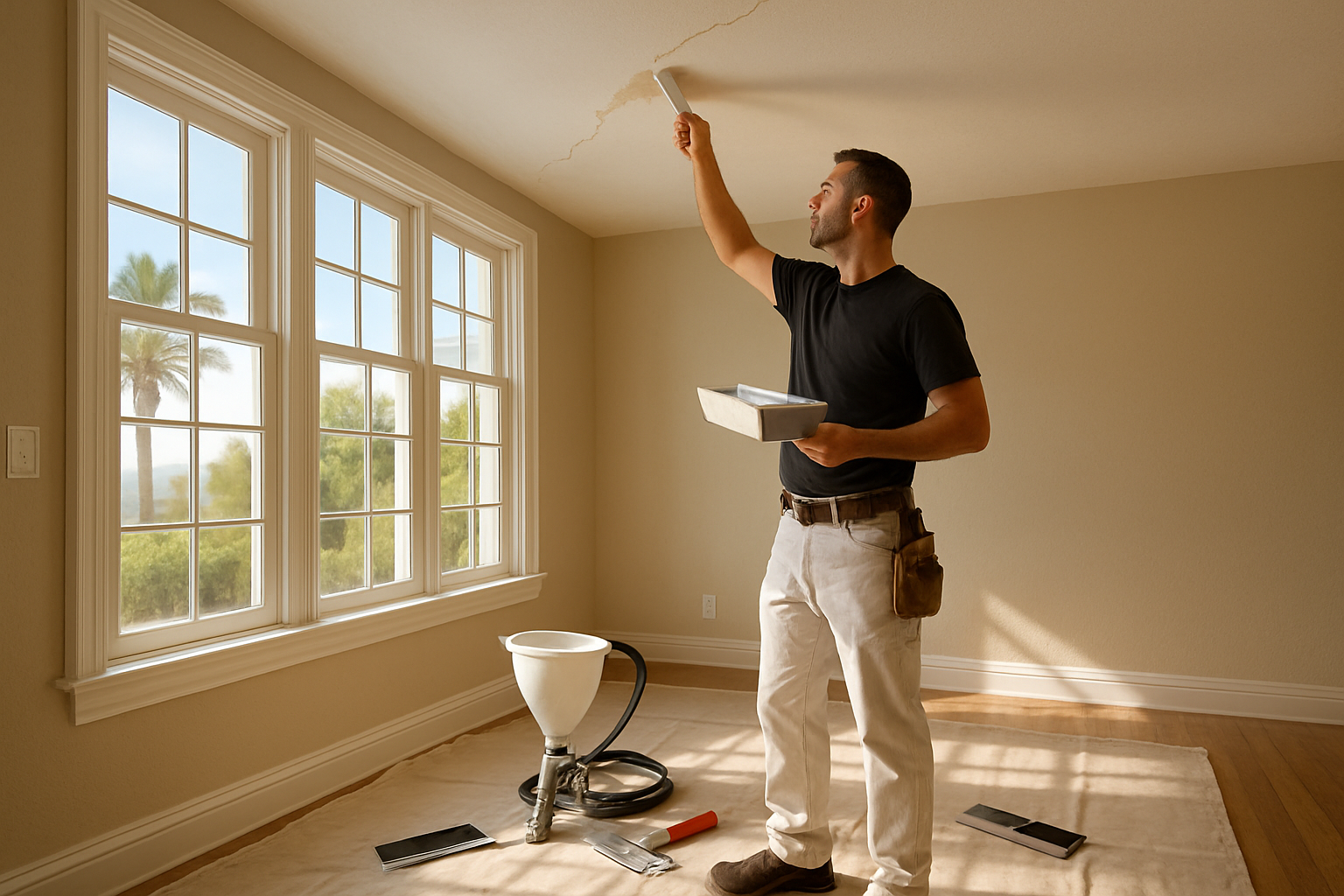 Professional drywall technician in a clean Encinitas home repairing a ceiling crack, with protective floor covering, drywall tools, texture sprayer, and warm natural afternoon light coming through large coastal-style windows