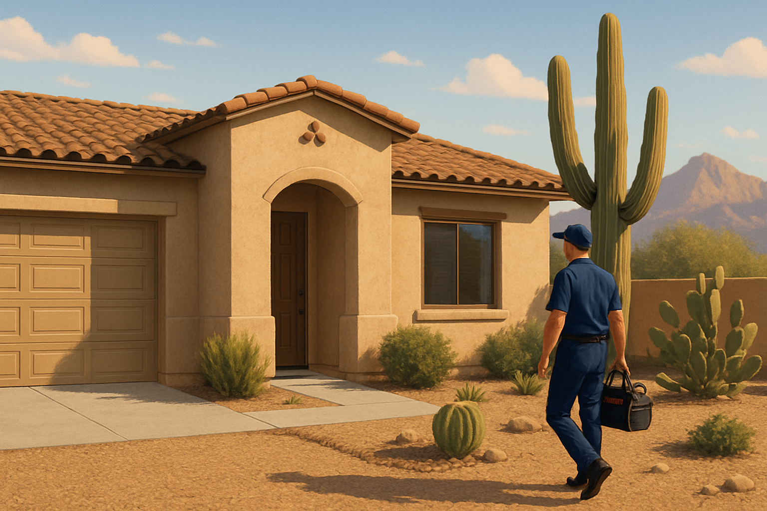 A bright September morning in Tucson, Arizona, showing the exterior of a single-story stucco home with desert landscaping, saguaro cactus, gravel yard, and a professional plumber walking toward the front door carrying a tool bag