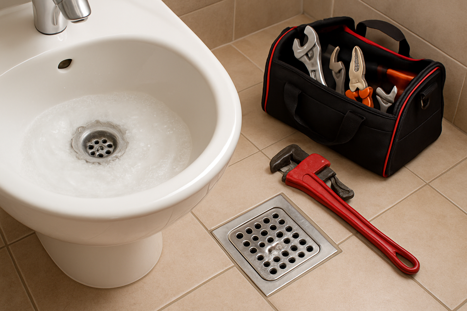 Close-up photo of a bathroom sink and shower drain in a clean Tucson home, with water draining slowly and a professional plumbing tool kit nearby on tile flooring