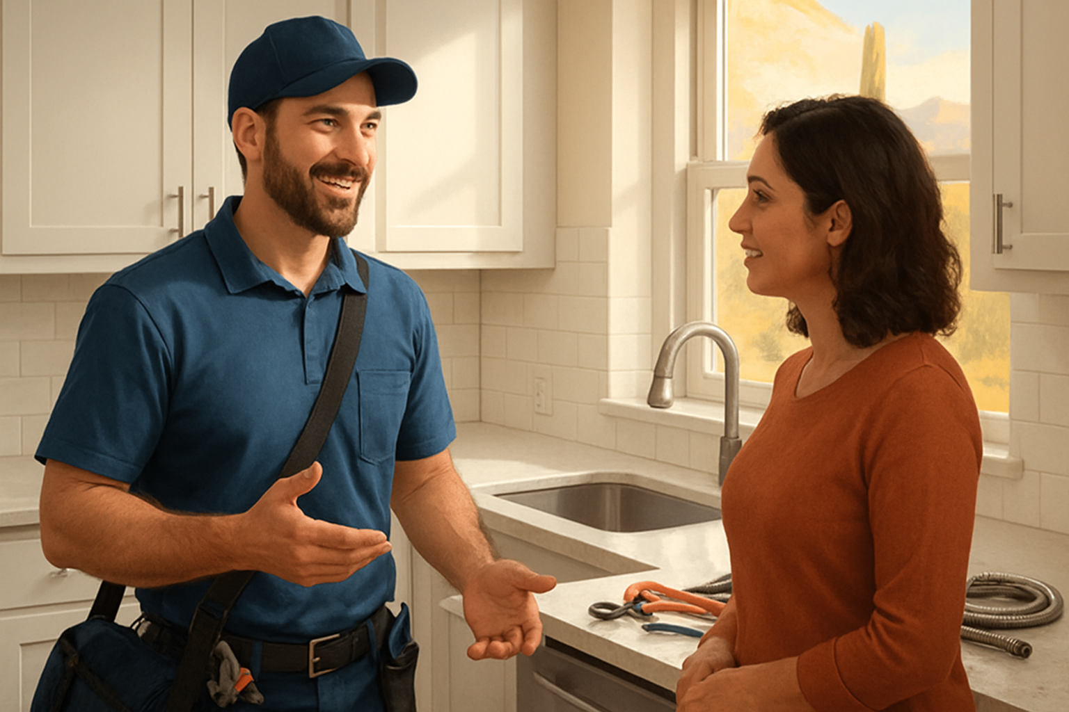 Friendly professional plumber from a local Tucson plumbing company speaking with a homeowner in a bright kitchen, with desert sunlight coming through the window and plumbing tools neatly arranged nearby