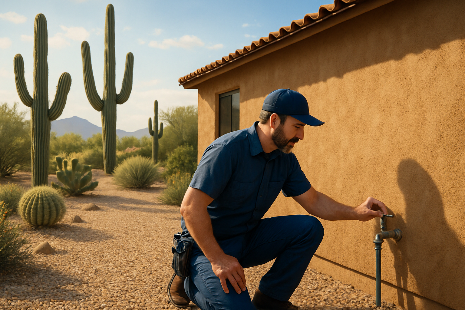 A warm September morning in Tucson, Arizona showing an older stucco home with desert landscaping, saguaros, gravel yard, and a licensed plumber inspecting an exterior hose bib and water line near the side of the house