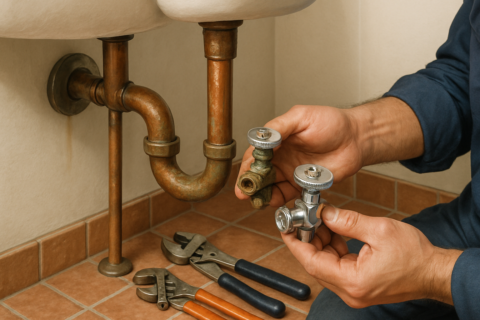 Close-up of a plumber’s hands replacing an old corroded shutoff valve under a bathroom sink in an older Tucson home, with copper piping, tile flooring, and professional plumbing tools visible