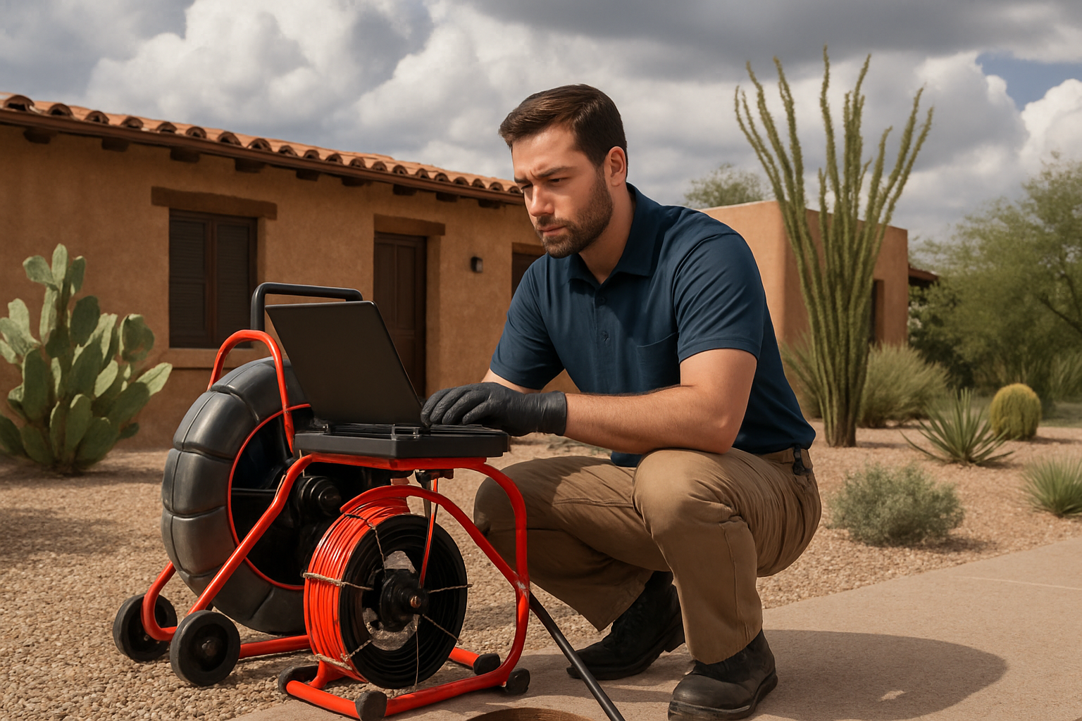 A professional plumbing technician using a sewer camera inspection system outside an older Tucson home, with desert plants, gravel landscaping, and monsoon clouds in the background