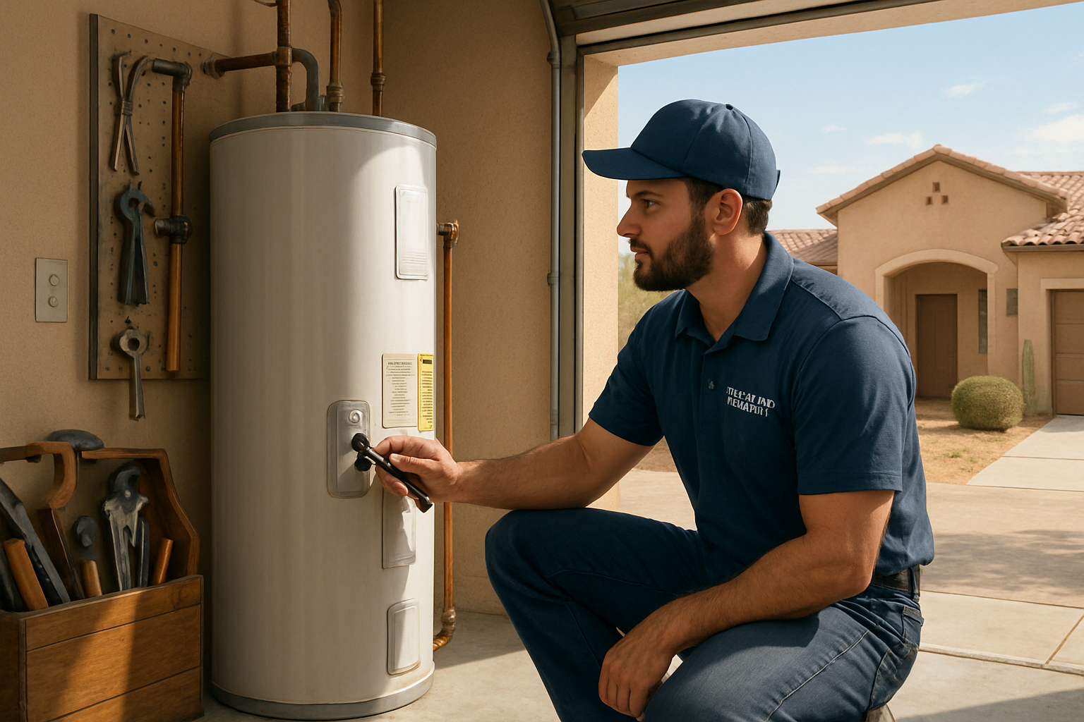 [A professional plumber from Siv Art AZ Plumbing LLC inspecting a residential water heater in a clean Tucson garage, with desert sunlight coming through the open garage door, organized tools nearby, and a Southwest-style home exterior visible in the background]
