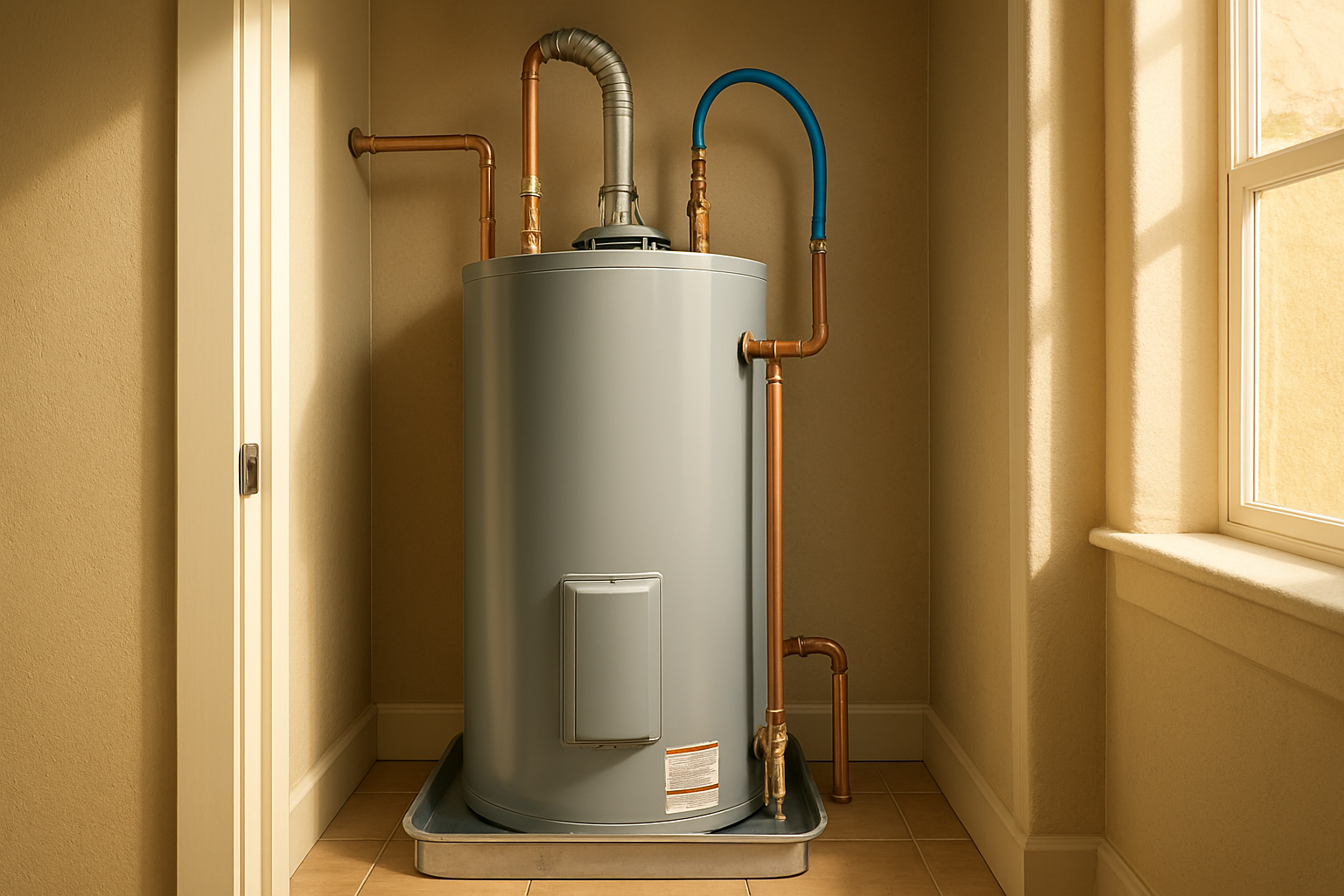 [A modern energy-efficient water heater newly installed in a tidy Tucson home utility closet, with copper and PEX piping neatly arranged, a drain pan beneath the unit, safety labels visible, and warm natural September light illuminating the space]