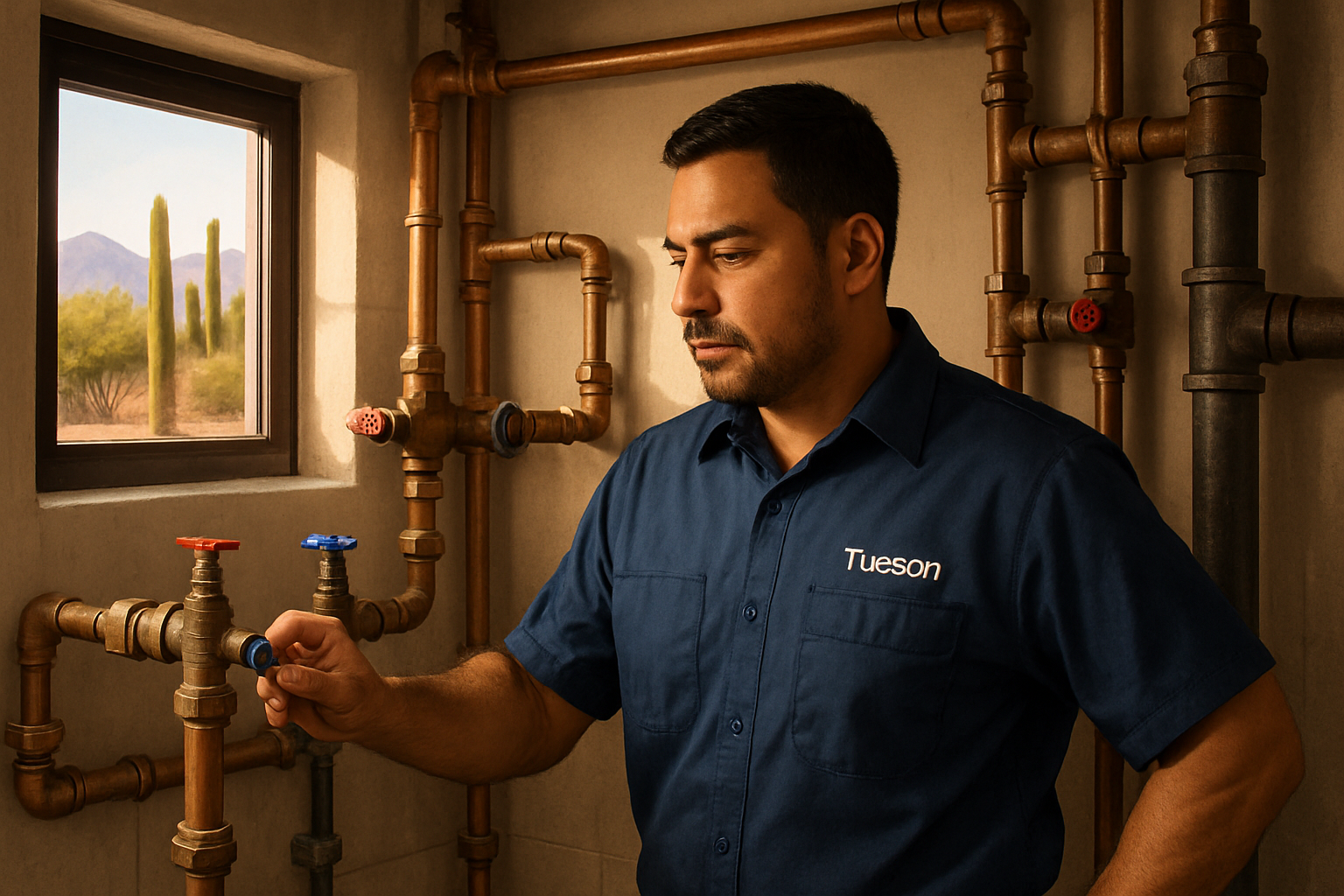 A commercial plumber in a branded work shirt inspecting exposed plumbing lines and valves in the utility room of a Tucson restaurant, with warm October sunlight coming through a small window and desert landscaping visible outside