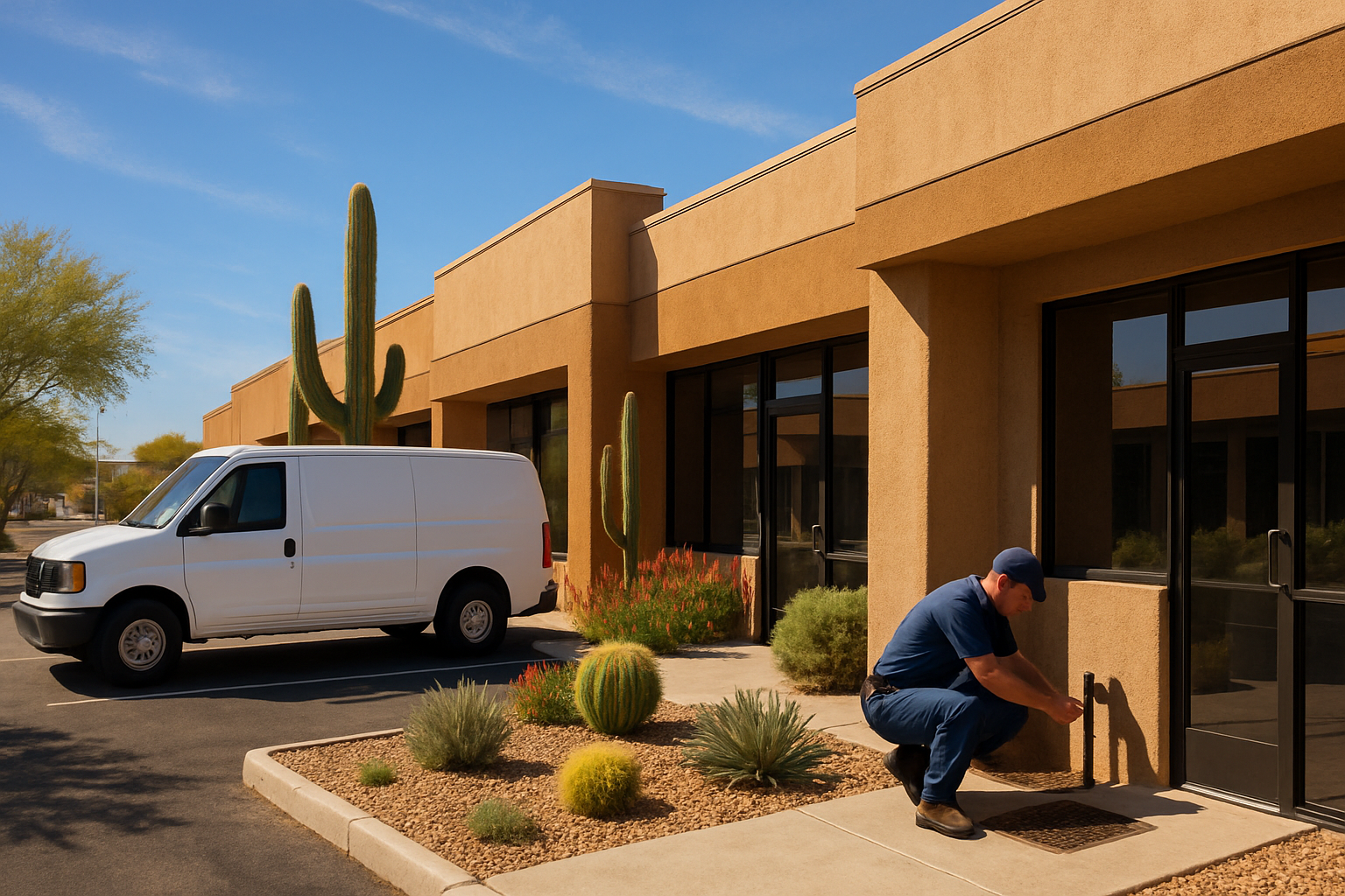 Exterior of a small Tucson commercial plaza in October with blue sky, desert plants, parked service van, and a plumber checking an outdoor hose bib and drainage area near the storefronts