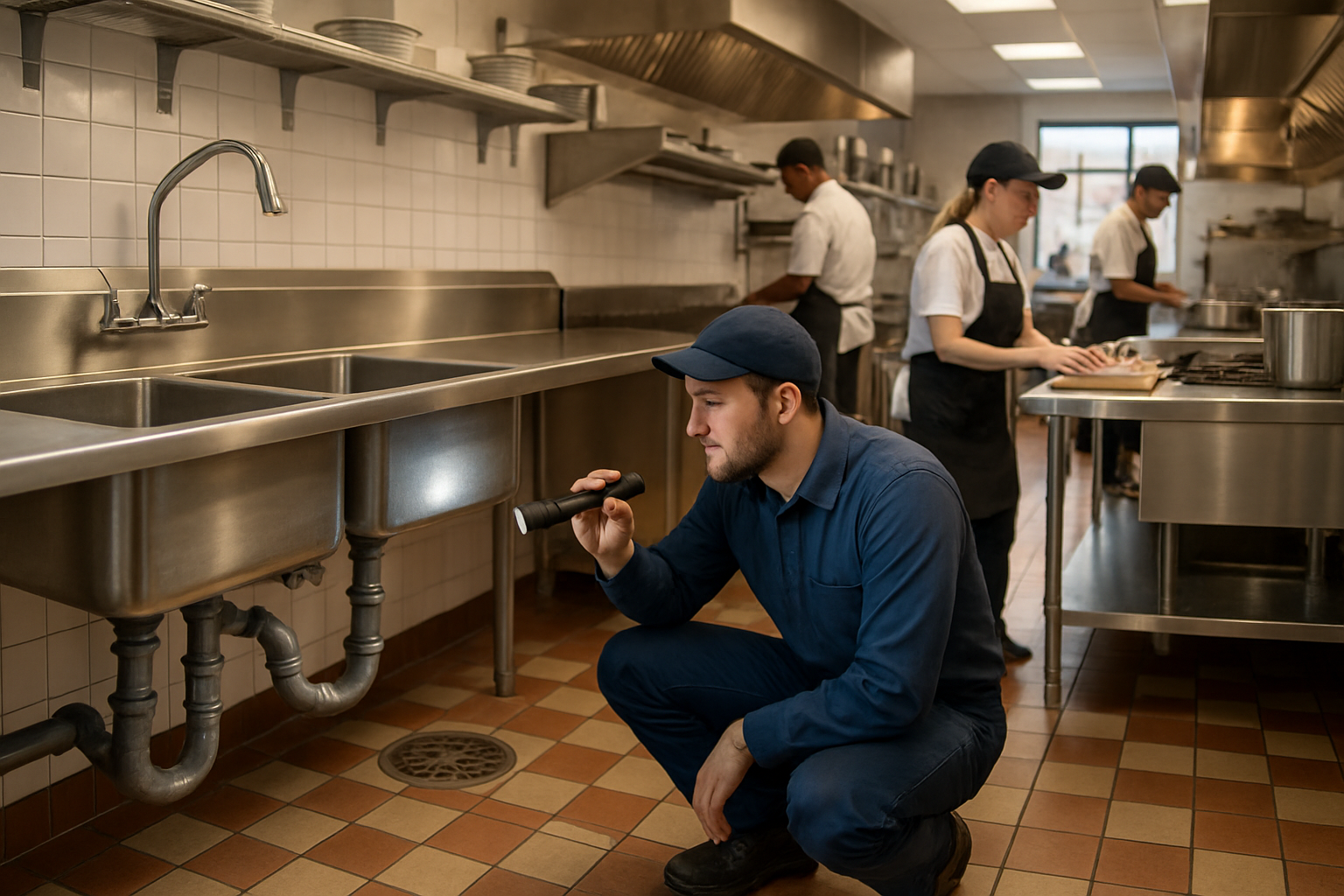 A clean commercial kitchen in Tucson with stainless steel sinks, floor drains, and a plumber using a flashlight to inspect under-sink drain lines while kitchen staff prepare for a busy fall lunch service