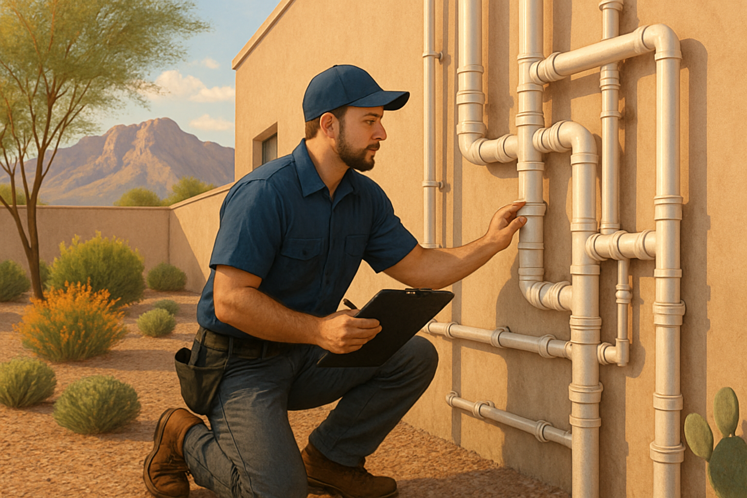 A commercial plumber in Tucson, Arizona inspecting exposed plumbing lines behind a restaurant building during a warm October afternoon, with desert landscaping, stucco walls, and distant Catalina Mountains in the background