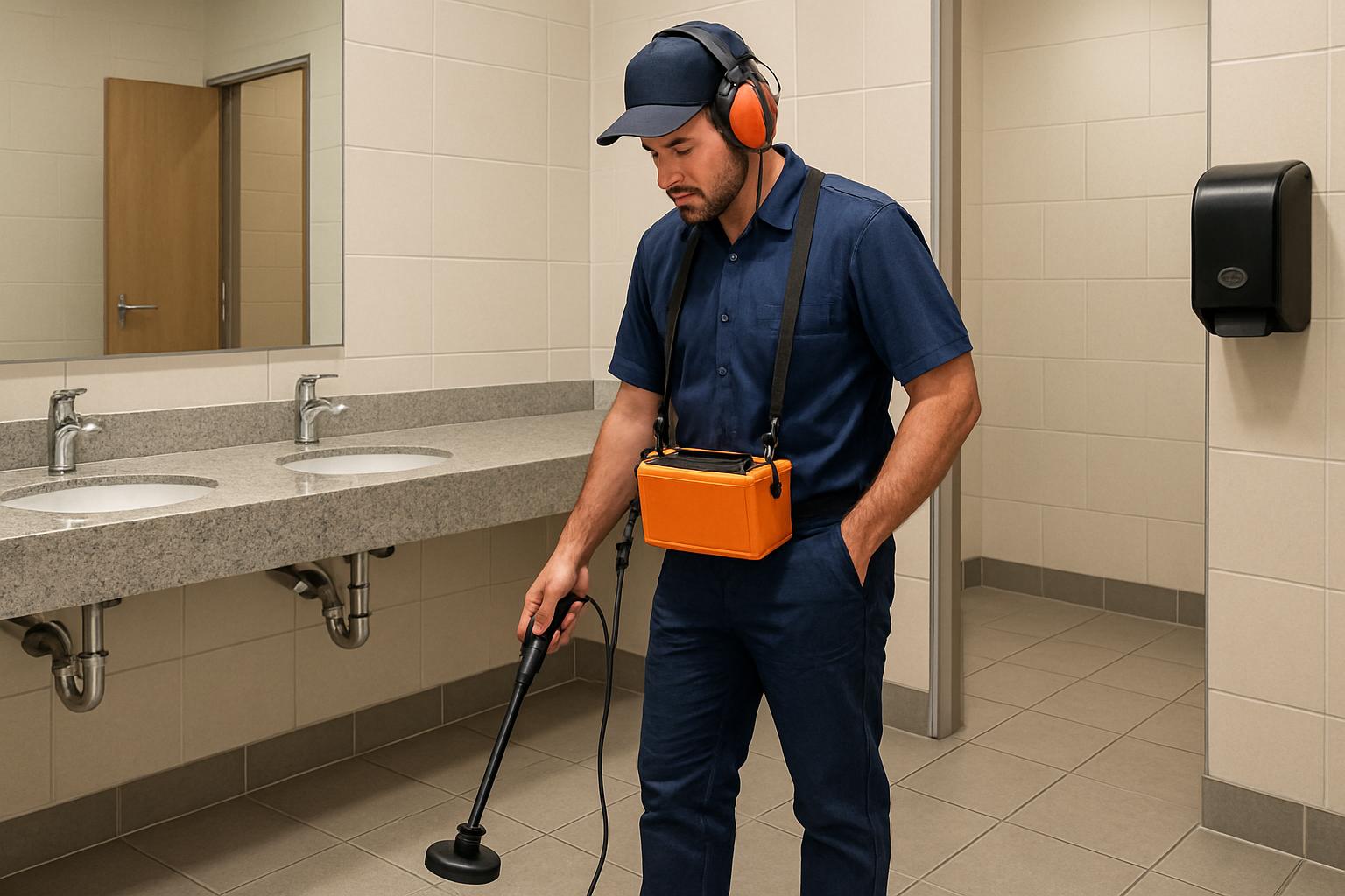 A professional commercial plumbing technician using leak detection equipment inside a clean Tucson office building restroom, with modern sinks, tile floors, and visible attention to safety and cleanliness