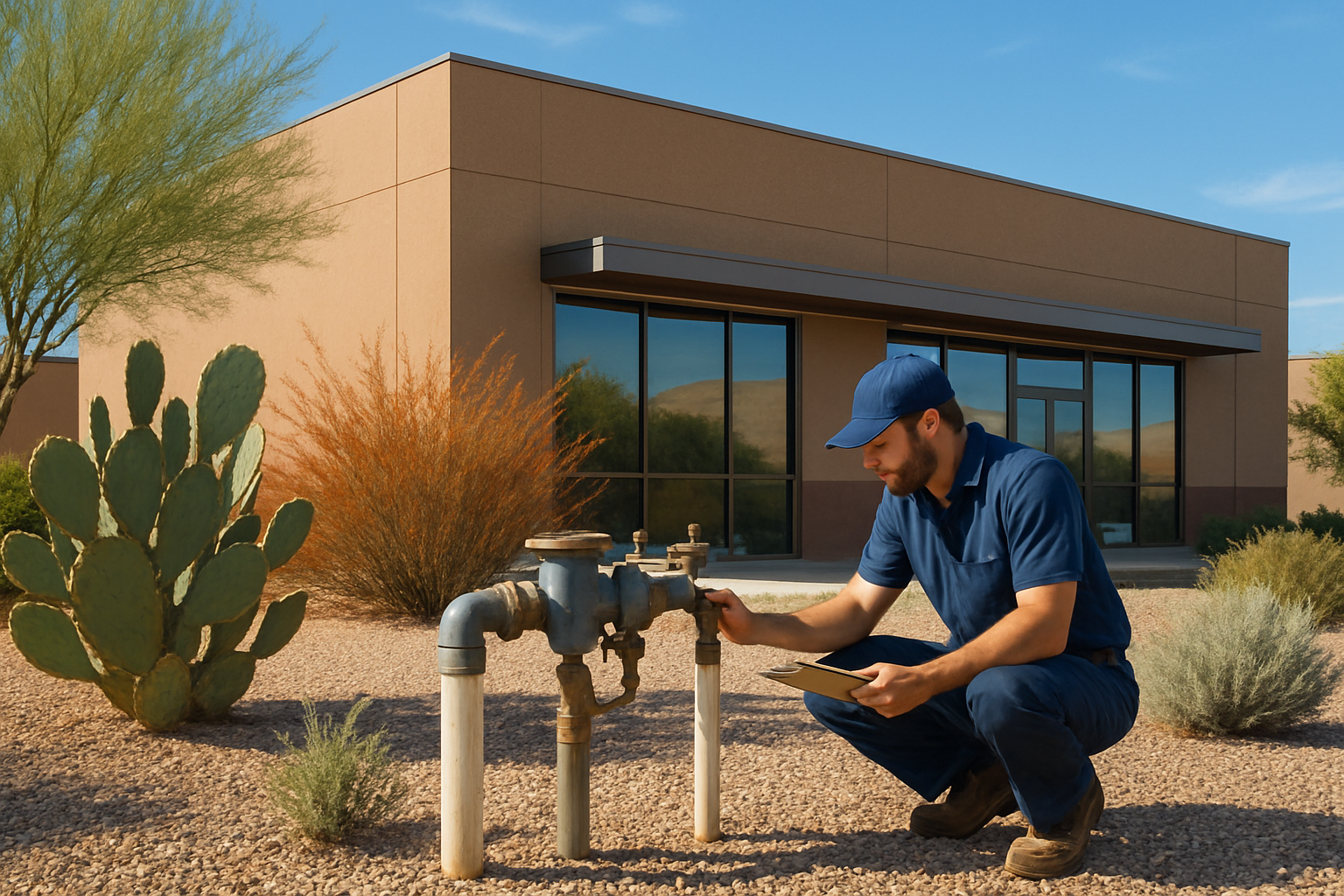 Exterior of a Tucson commercial property in October with a plumber inspecting irrigation and backflow plumbing near desert plants, gravel landscaping, a business storefront, and bright blue Arizona sky