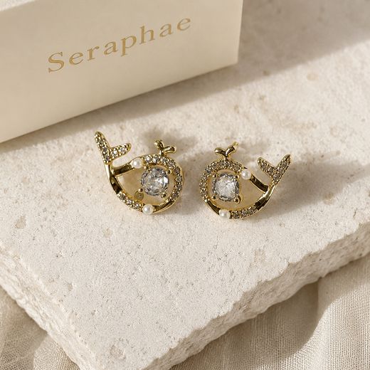 Crystal Dolphin Studs — 18k gold-plated · CZ · pearl