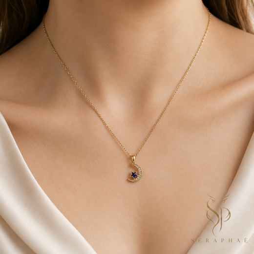 Celestial Crescent Pendant — 18k gold-plated · blue CZ