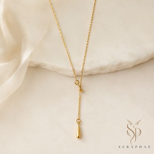 Golden Teardrop Lariat — 18k gold-plated brass