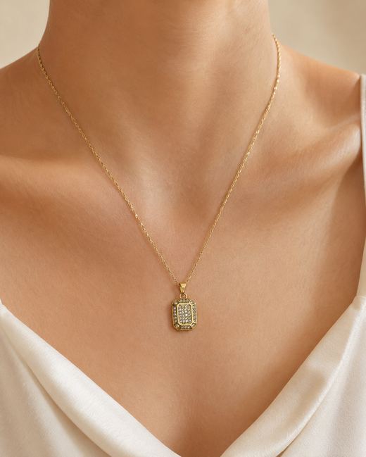 Pavé Emerald-Cut Tag Pendant — 18k gold-plated · pavé CZ