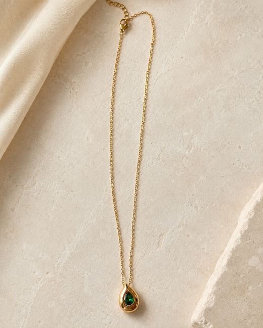 Emerald Teardrop Pendant — 18k gold-plated · green CZ