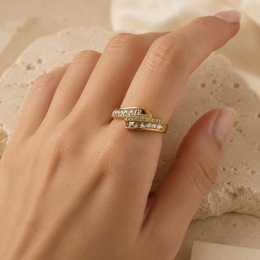 Baguette Wave Ring — 18k gold-plated · CZ
