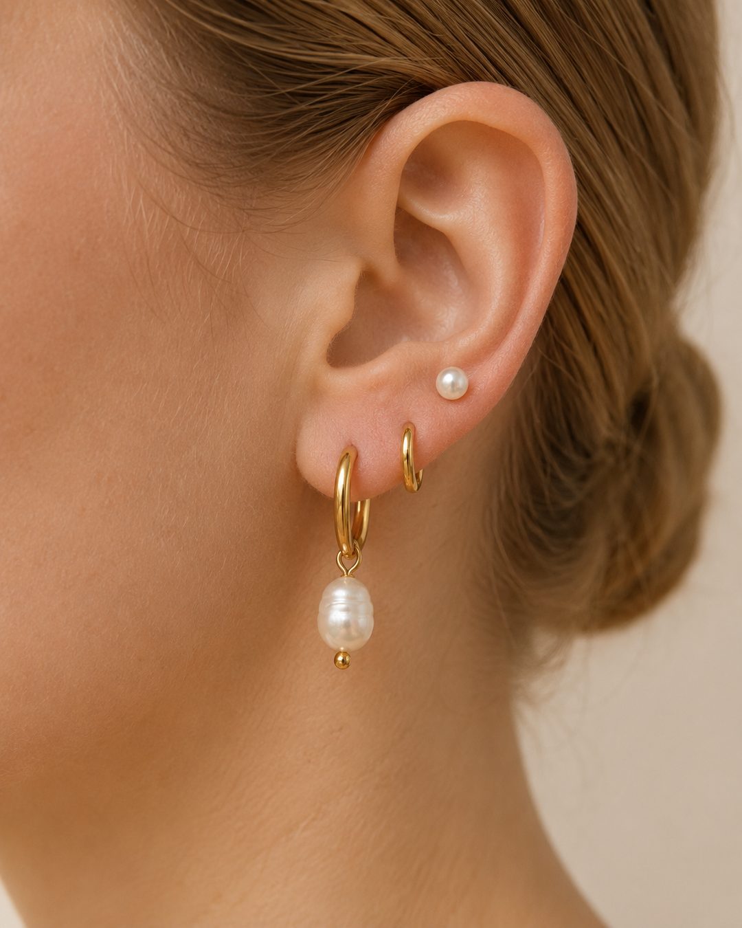 Pearl Huggie Hoops — 18k gold-plated · CZ