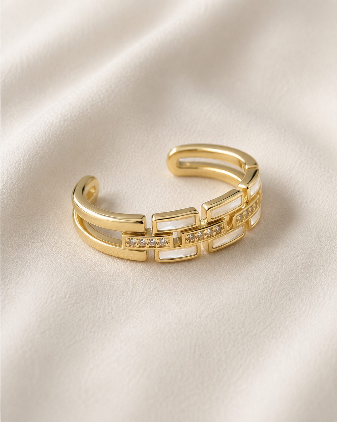 White Enamel Brick Cuff Ring — 18k gold-plated · CZ