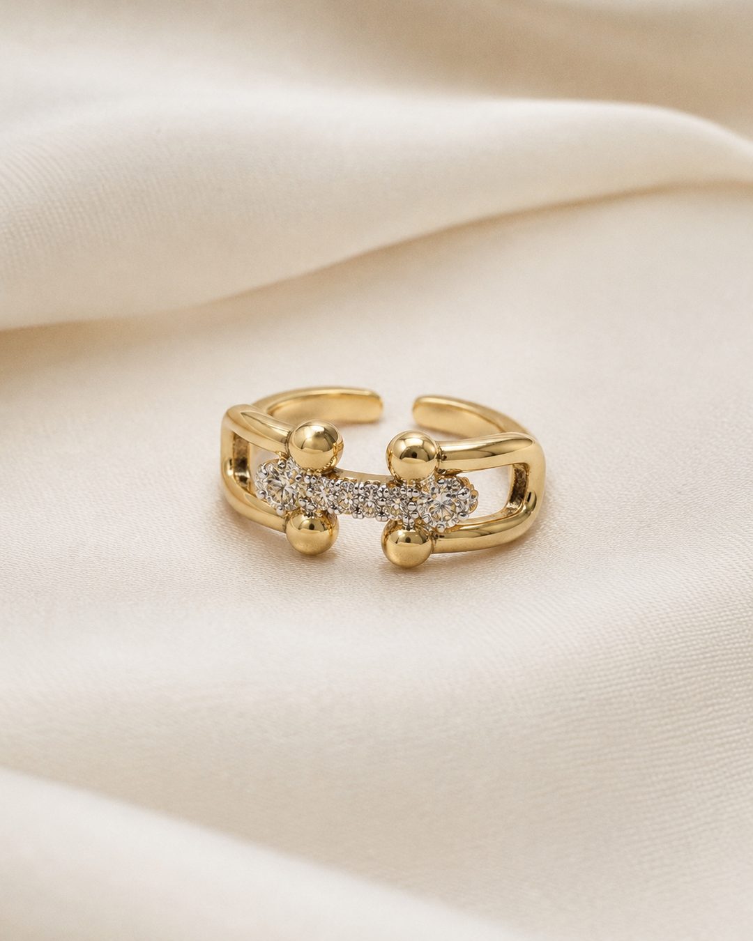 Gold Barbell Link Ring — 18k gold-plated · CZ