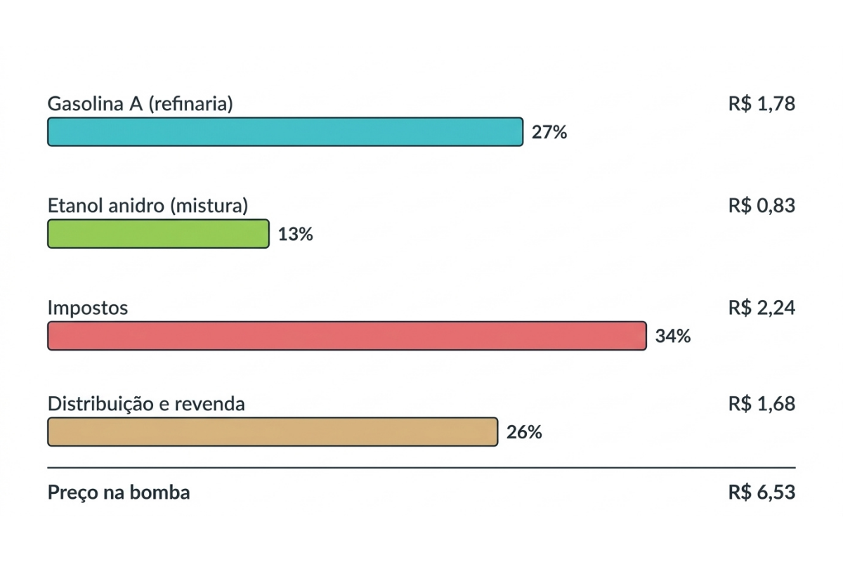 Gráfico com a distribuição do litro de gasolina a R$ 6,53: R$ 1,78 na refinaria, R$ 0,83 de etanol, R$ 2,24 de impostos e R$ 1,68 de distribuição e revenda. Dados de 23 a 29 de agosto, fonte ANP e Petrobras, os mesmos números do texto.