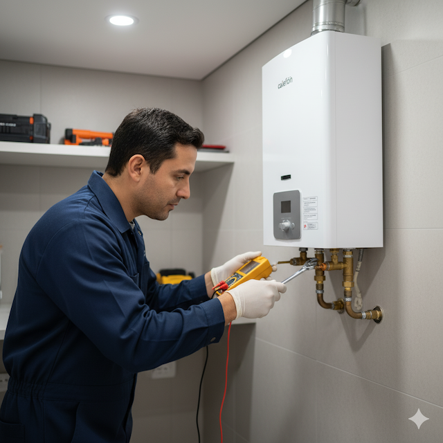 Técnico experto en Ambato realizando mantenimiento de calefón a gas.