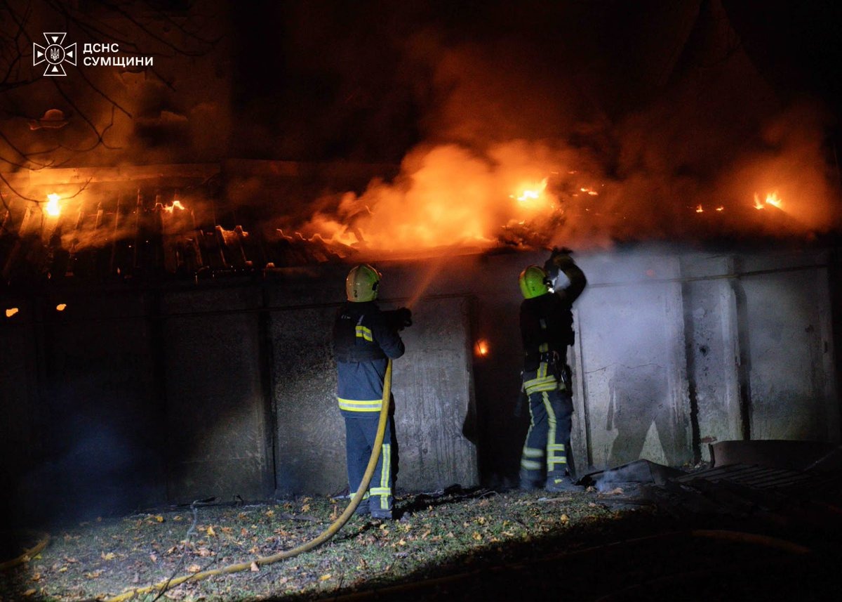 Ukrainian emergency service firefighters tackle a blaze in Sumy region as Russia struck energy infrastructure across Ukraine, hitting a Kyiv facility on 30 October and a combined heat and power plant in Shostka the following morning.