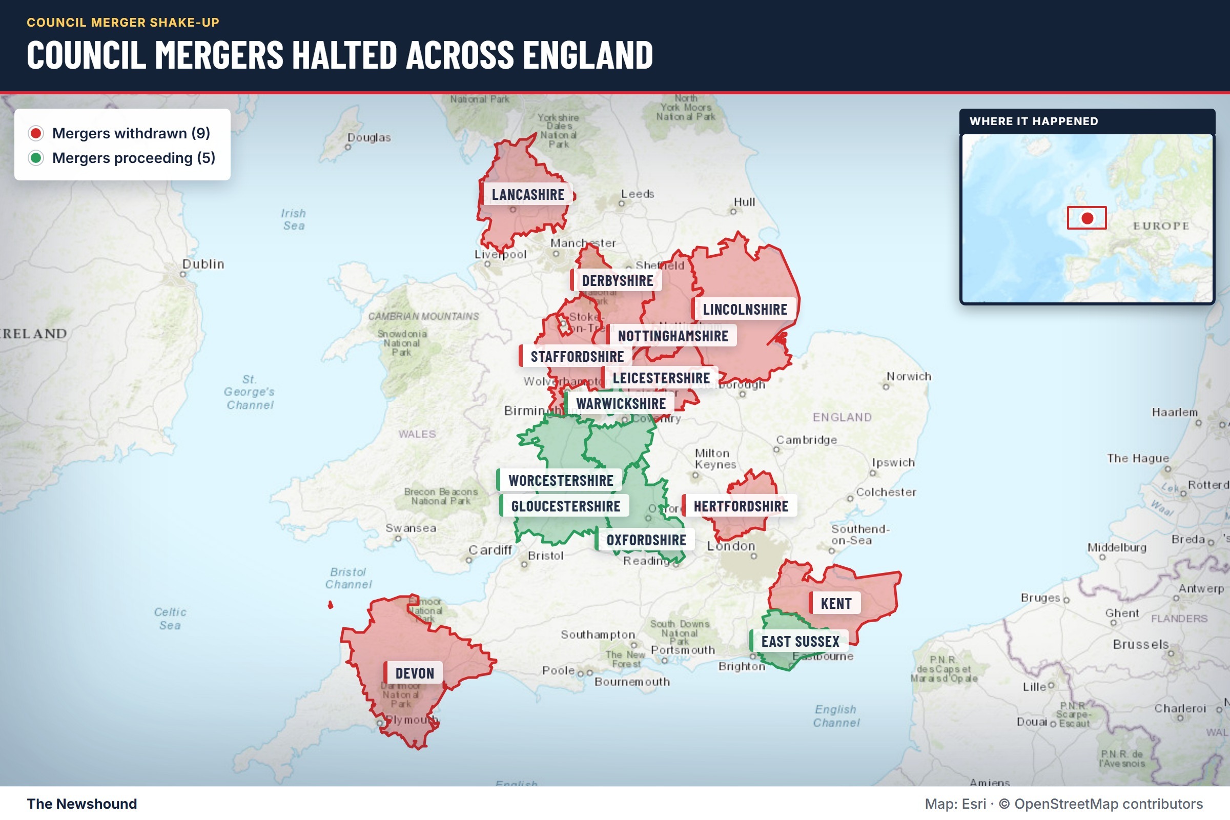 Nine areas including Kent, Derbyshire and Lancashire face further delay after Jim McMahon withdrew July's merger decisions, pending fresh legal clarity before new rulings are made.