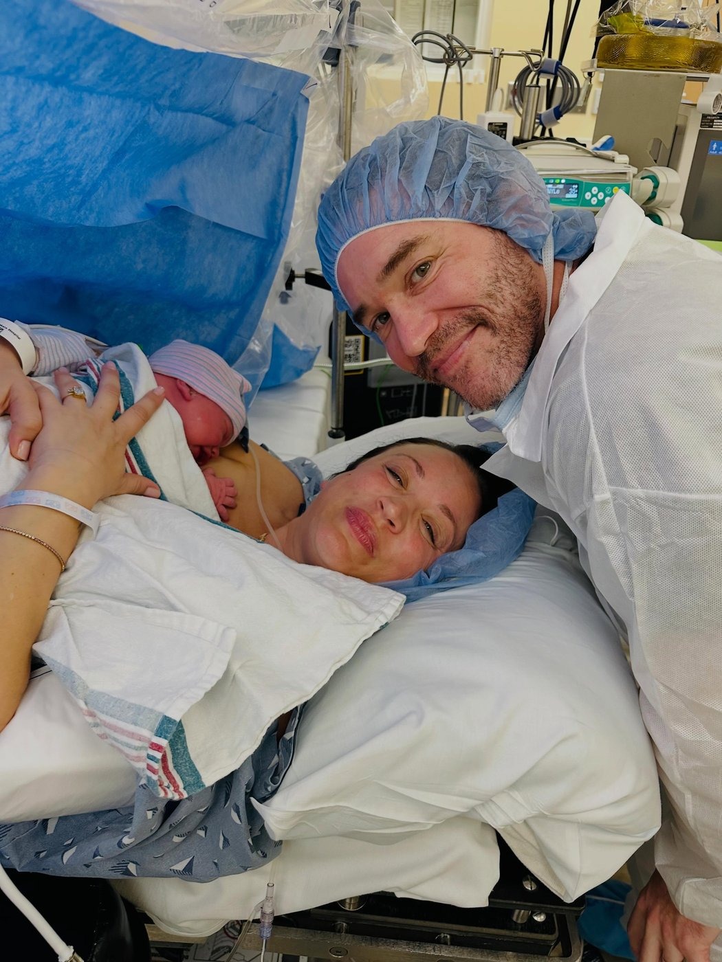 Kaley Cuoco with fiancé Tom Pelphrey and their newborn, whom the couple say makes their family "officially complete," with first daughter Matilda, now three, at home.