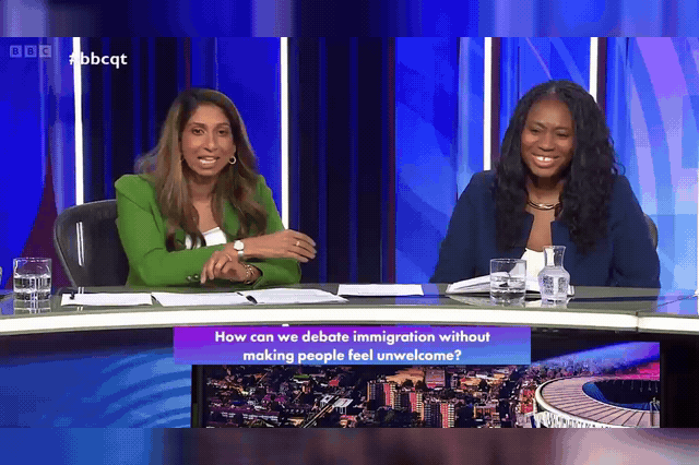 Suella Braverman on Question Time, where she clashed with the audience during a migration debate in which she said she does not consider herself English.