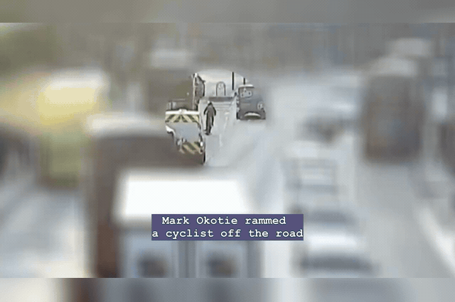 Dashcam footage showing Mark Okotie's van driving over cyclist Hugh Jones on New Cross Road — the attack left the victim needing screws and plates in his pelvis and femur.