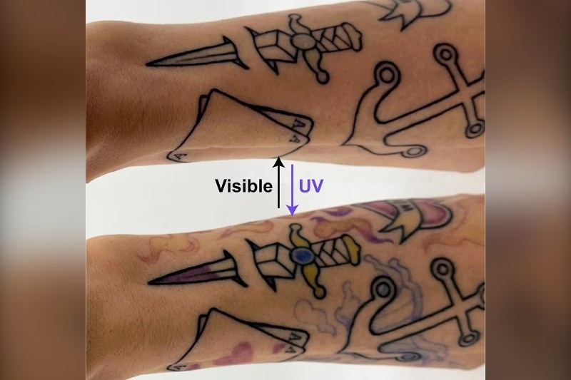 PhotoTat ink, developed by University of Colorado Boulder's Carson Bruns, can produce 16 distinct colours and at least 300 shades, switchable with UV light or an LED.
