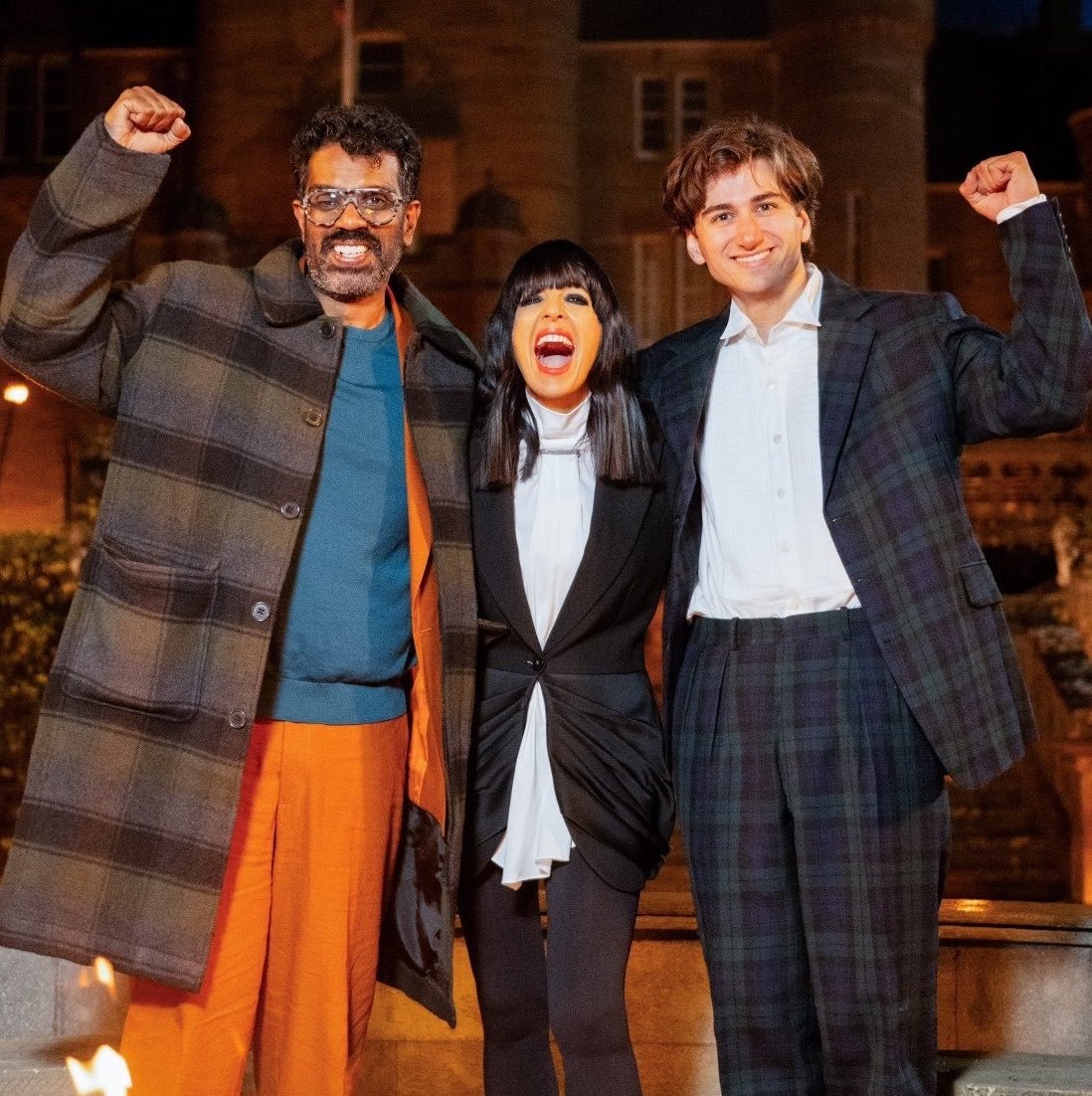 Claudia Winkleman with Faithfuls Romesh Ranganathan and Sebastian Croft. James Blunt handed the pair their win by voting for a further banishment after the Traitors had already been eliminated.