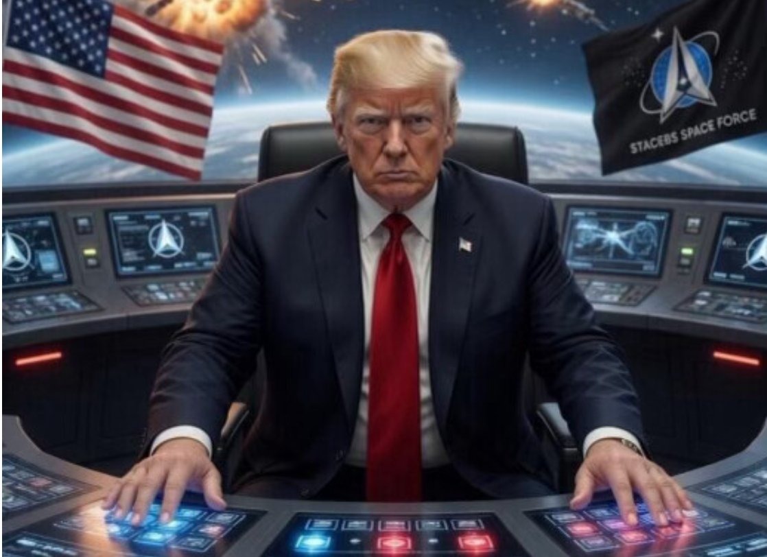 Donald Trump depicted with aliens and in space, as the President announced an AI czar position, saying "only high I.Q. individuals need apply.