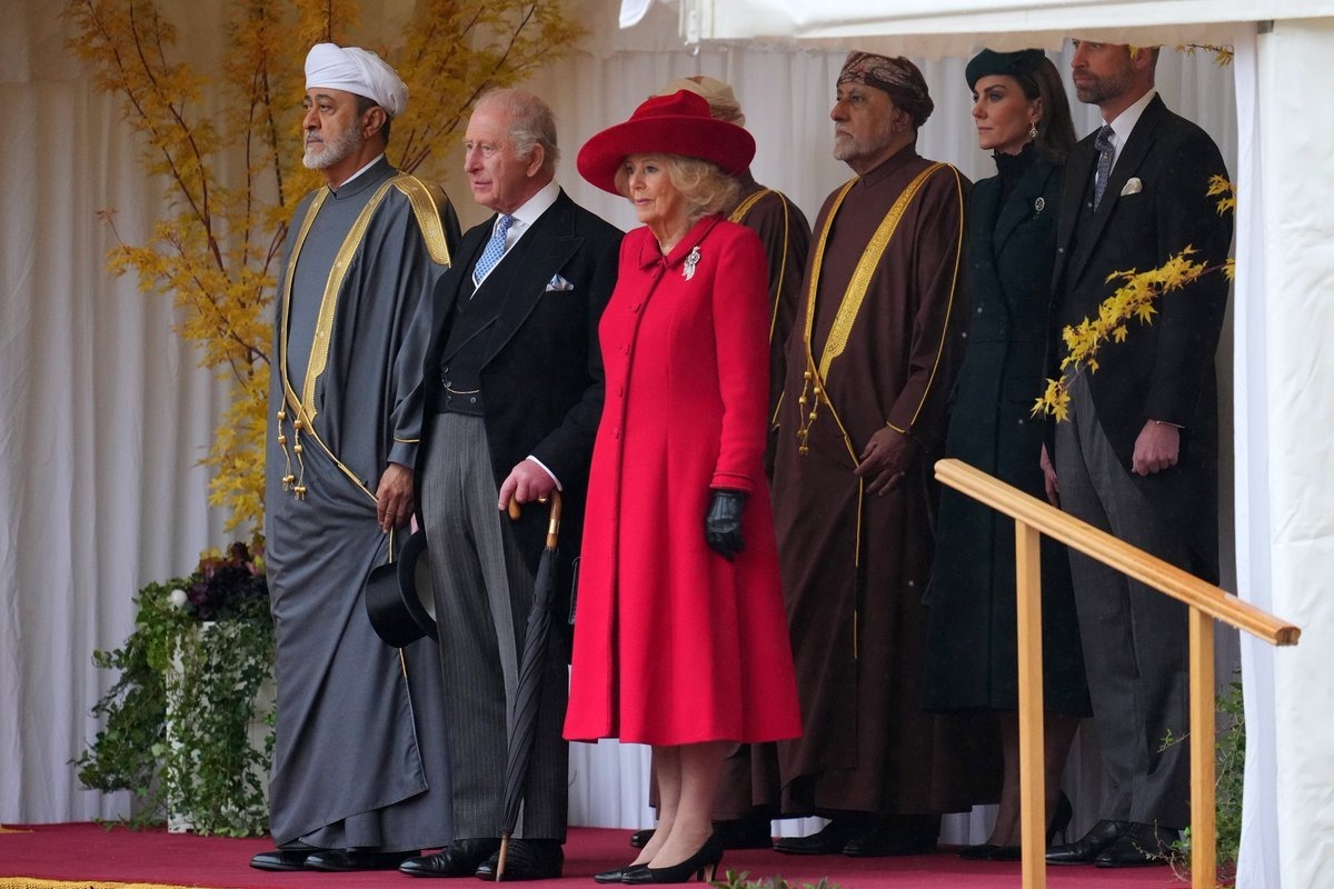The King and Queen welcome the Sultan of Oman to Windsor Castle. King Charles praised Oman's 'constructive neutrality' and spoke Arabic at the state banquet.