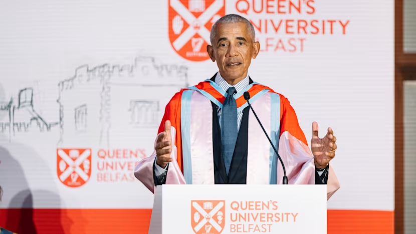 Barack Obama accepted an honorary doctorate from Queen's University Belfast on his first visit to the city since 2013, calling the Good Friday Agreement a model for Gaza peace.