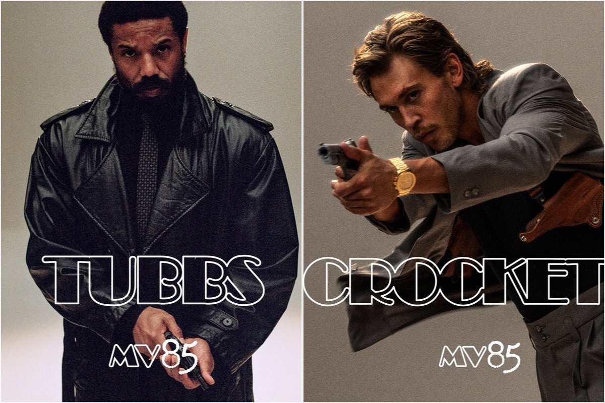 Austin Butler and Michael B. Jordan, who play Sonny Crockett and Ricardo Tubbs respectively in Universal's big-screen reboot 'Miami Vice '85'.