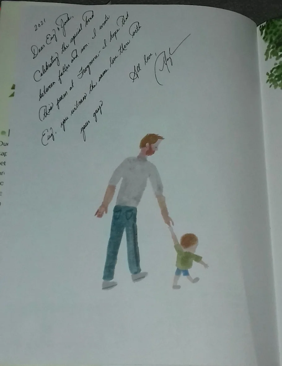 The illustrated page of 'The Bench' bearing Meghan Markle's handwritten inscription, which dealer Nicholas Greenwood claims was a personal gift to mark the birth of Eugenie and Jack Brooksbank's son August in 2021.