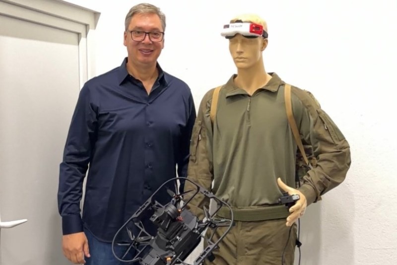 Aleksandar Vucic, Serbian President, at a drone assembly facility. He has inaugurated the plant with Israeli defence firm Elbit Systems, announcing warheads will be produced at Serbia's Krusik weapons factory and that…