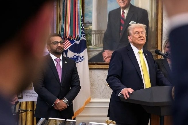 Donald Trump and Kash Patel, whom a whistleblower alleges told FBI leaders Trump "was angry" and wanted anti-ICE protesters in Los Angeles "investigated and arrested.