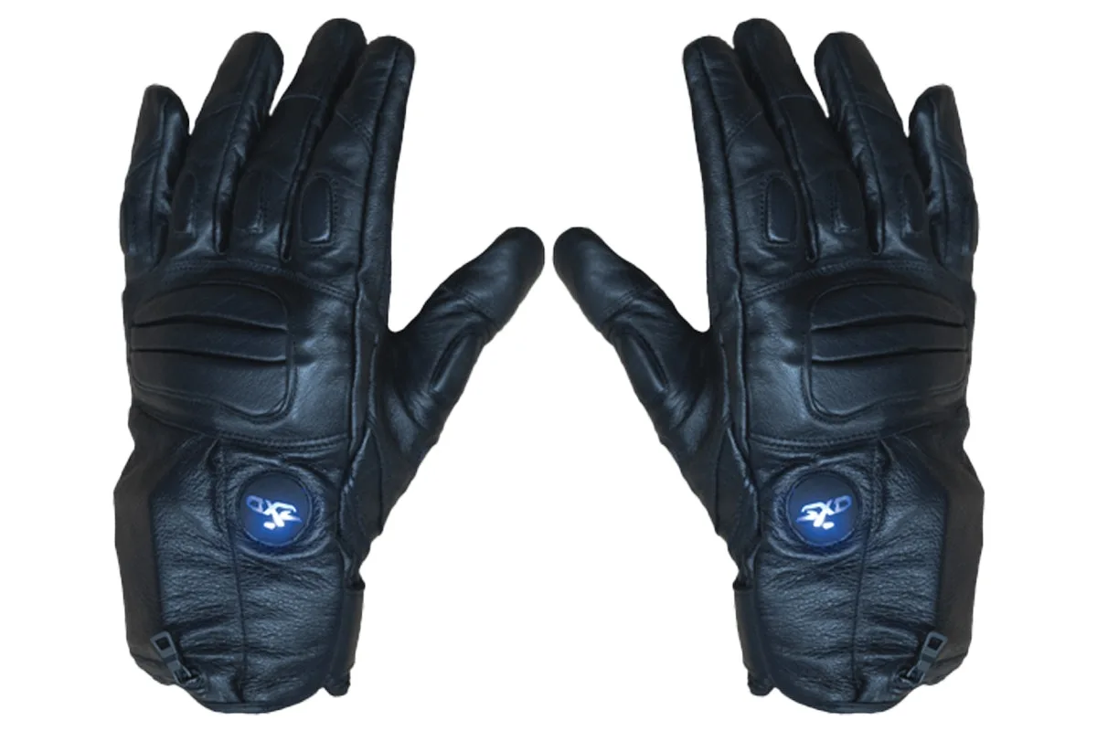 The gloves, made by Compliant Technologies LLC of Lexington, Kentucky, can deliver an electrical discharge against a subject's skin at the flip of a switch.