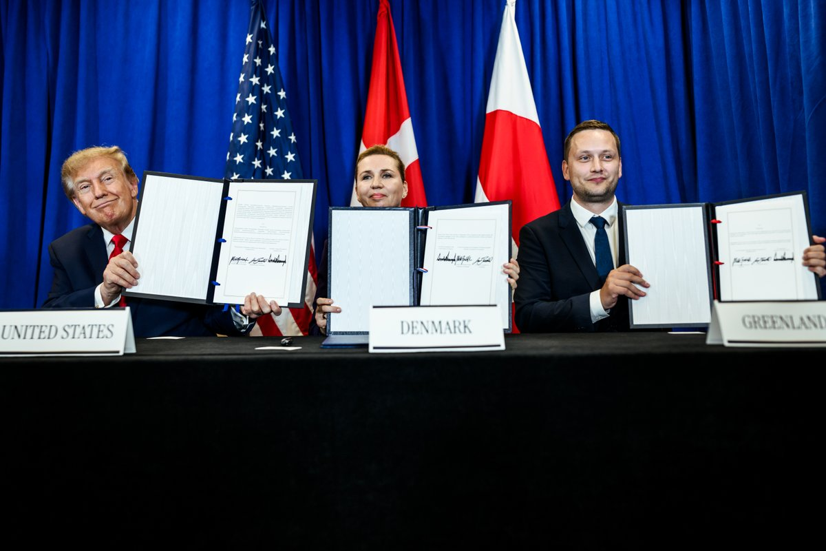 Donald Trump, Mette Frederiksen and Jens-Frederik Nielsen. Trump has announced large-scale oil, gas and mineral exploration in Greenland, framing the Arctic island's position as vital to US missile and drone defence.