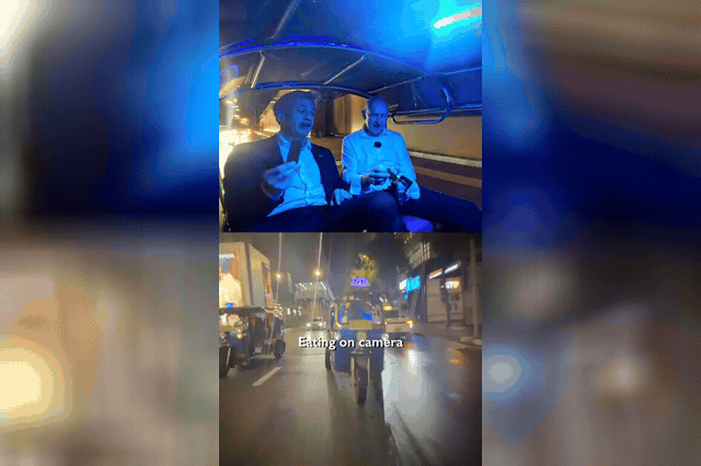 Ed Miliband and John Healey ride a tuk-tuk through Bangkok, where Miliband admitted "eating on camera has not been my forte" before gamely trying the snacks and declaring them "not bad.