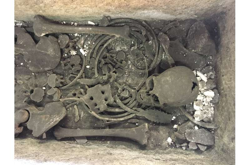The bones inside the Roman sarcophagus of Valerius Amandinus at Westminster Abbey, which Professor Warwick Rodwell believes most likely belonged to Aelfwig, an abbot who died around 1020.