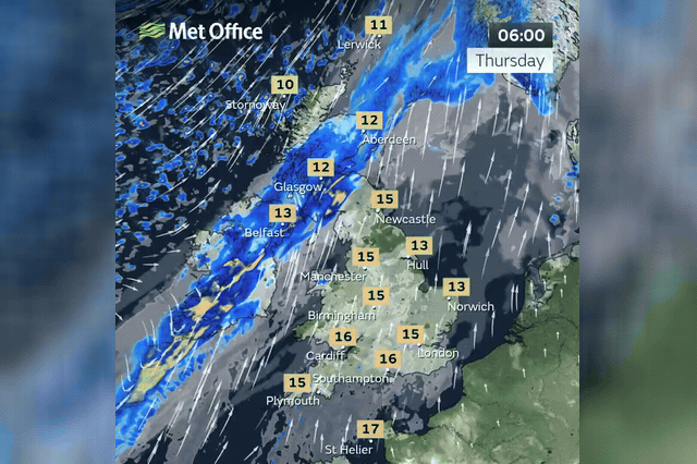 A largely cloudy sky over England and Wales on Thursday morning, before a weather front edges south to bring rain to northern England, Wales and parts of south-west England as temperatures briefly peak at up to 23C…