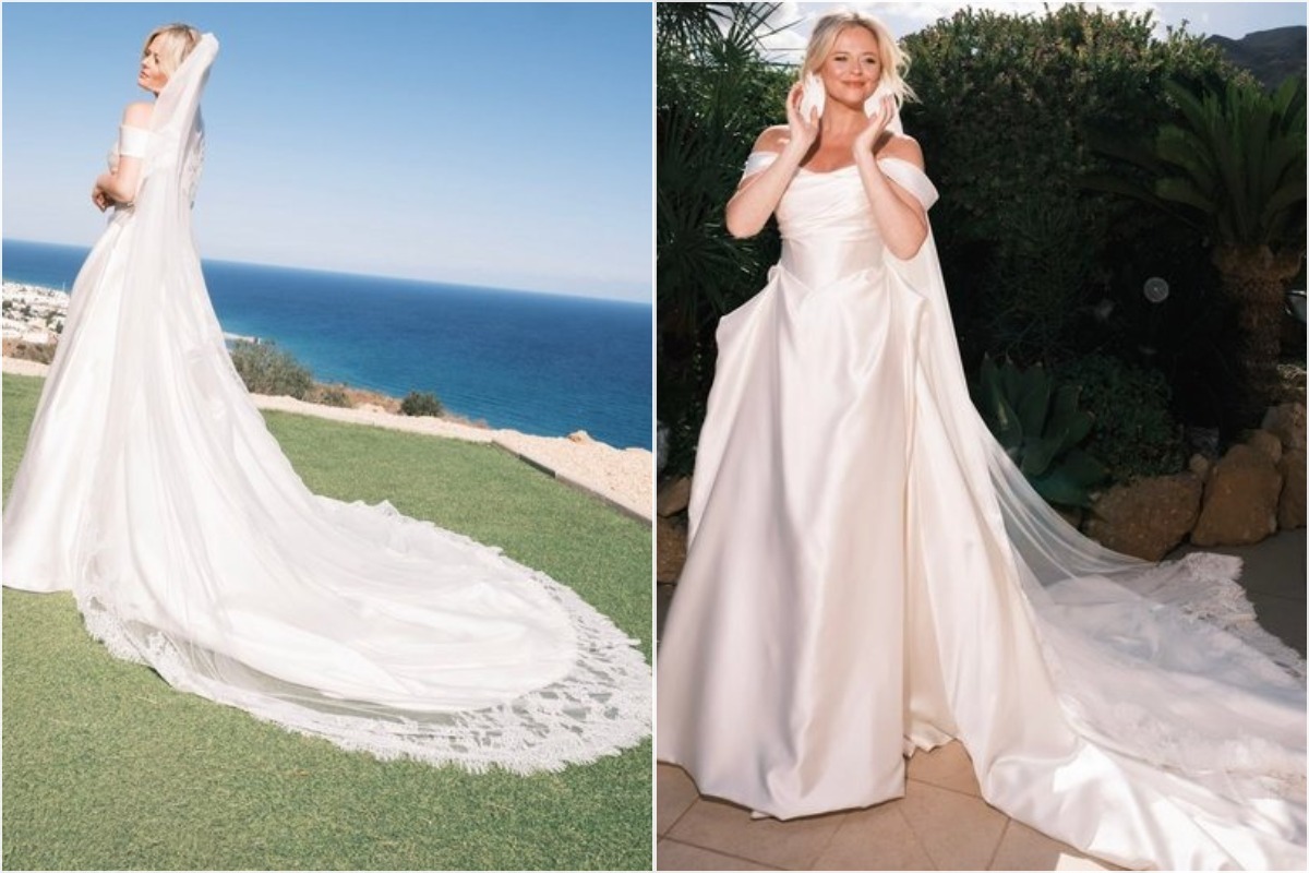 Emily Atack in her wedding gown overlooking the sea at Mojácar, where she described the hilltop location as her 'magical place'.