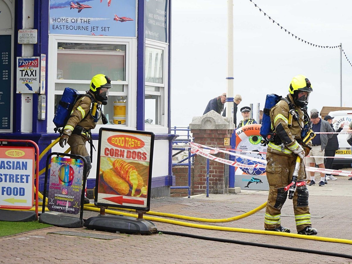 Eastbourne Pier, which suffered severe fire damage in 2014, is once again the scene of a major blaze with six crews deploying breathing apparatus and firefighting foam.