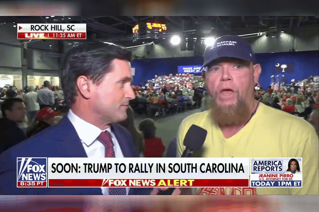 An anti-Trump critic referenced the Jonestown massacre at Thursday's Rock Hill rally, leaving Fox correspondent Lucas Tomlinson scrambling to end the live interview.
